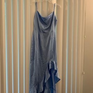Blue midi dress w/ cowl neck and side ruffle. Misguided. Size 2. Cinderella blue